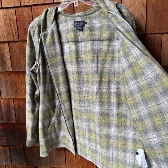 New Pendleton Virgin Wool Sage/Gray Plaid Zip Front Hoodie Jacket Women's Large - Picture 8 of 11